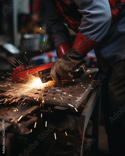 Obraz na płótnie Close-up of a worker using an angle grinder on metal, producing bright flying sparks in a workshop setting. Industrial labor concept. w salonie