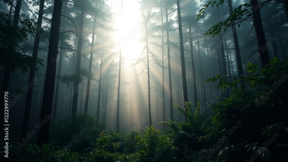 Naklejka premium Foggy Forest Awakening - Bright Day