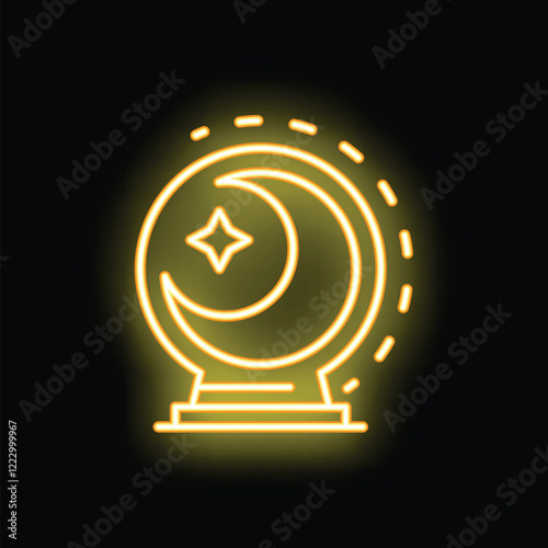 Neon crystal ball glowing with crescent moon and star inside, fortune telling and magic concept