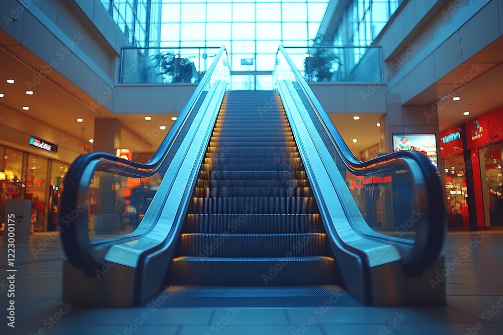 Escalator in a modern shopping mall ascending towards a bright glass-ceilinged atrium Escalator in a modern shopping mall ascending towards a bright glass-ceilinged atrium