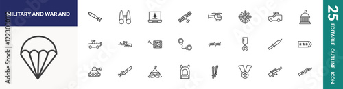 outline military and war and icons set. editable linear airplane bomb, computer, helicopter, and other 22 icons in this category isolated on transparent background.