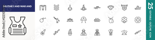 outline military and war and icons set. editable linear pull up, fighter plane, sniper rifle, and other 22 icons in this category isolated on transparent background.