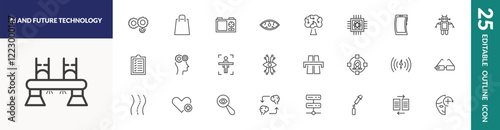 outline ai and future technology icons set. editable linear processing, nano sensor, technology tree, and other 22 icons in this category isolated on transparent background.