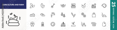 outline agriculture and farm icons set. editable linear seed, farming fork, stall, and other 22 icons in this category isolated on transparent background.