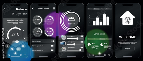Sleek vector illustration of a smart home app interface displayed on a smartphone. The design features a glass base, modern icons and controls.