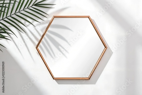 Sleek Copper Framed Hexagonal Mirror Adds Elegance to Modern Room Decor