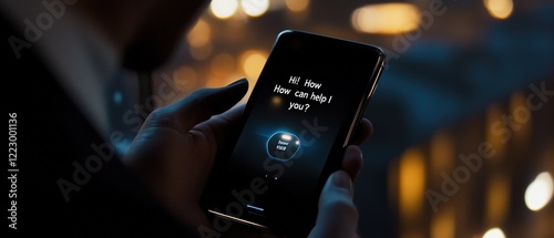 Smartphone in hand with digital interface showing messages and notifications during nighttime, focusing on communication and technology in modern business.