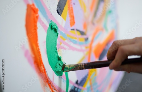male artist covered in paint painting abstract picture on large canvas in white studio