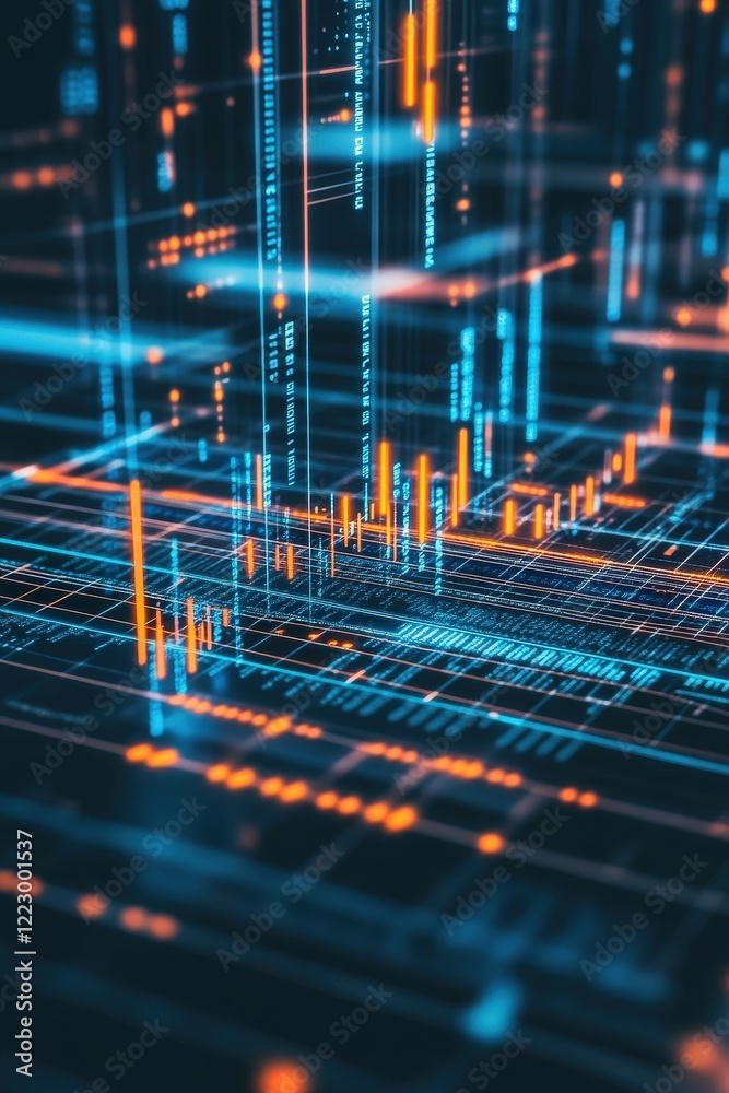 Stock market data visualization with digital graphs, financial metrics, and analytics. Insights into trading patterns, investment trends, and market performance analysis.