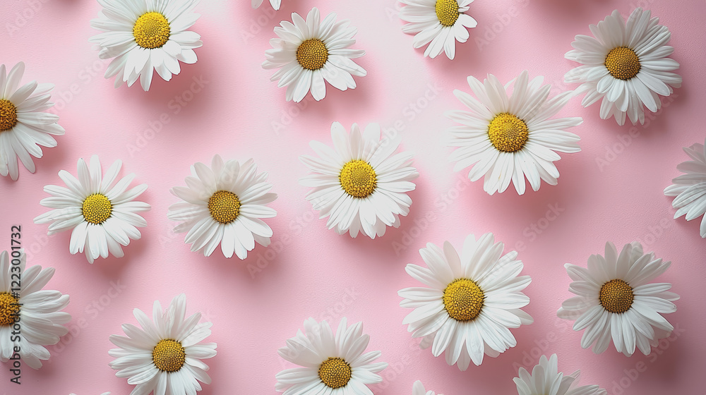 White daisies arranged beautifully on a soft pink background creating a fresh and vibrant floral display for various design projects White daisies arranged beautifully on a soft pink background creating a fresh and vibrant floral display for various design projects