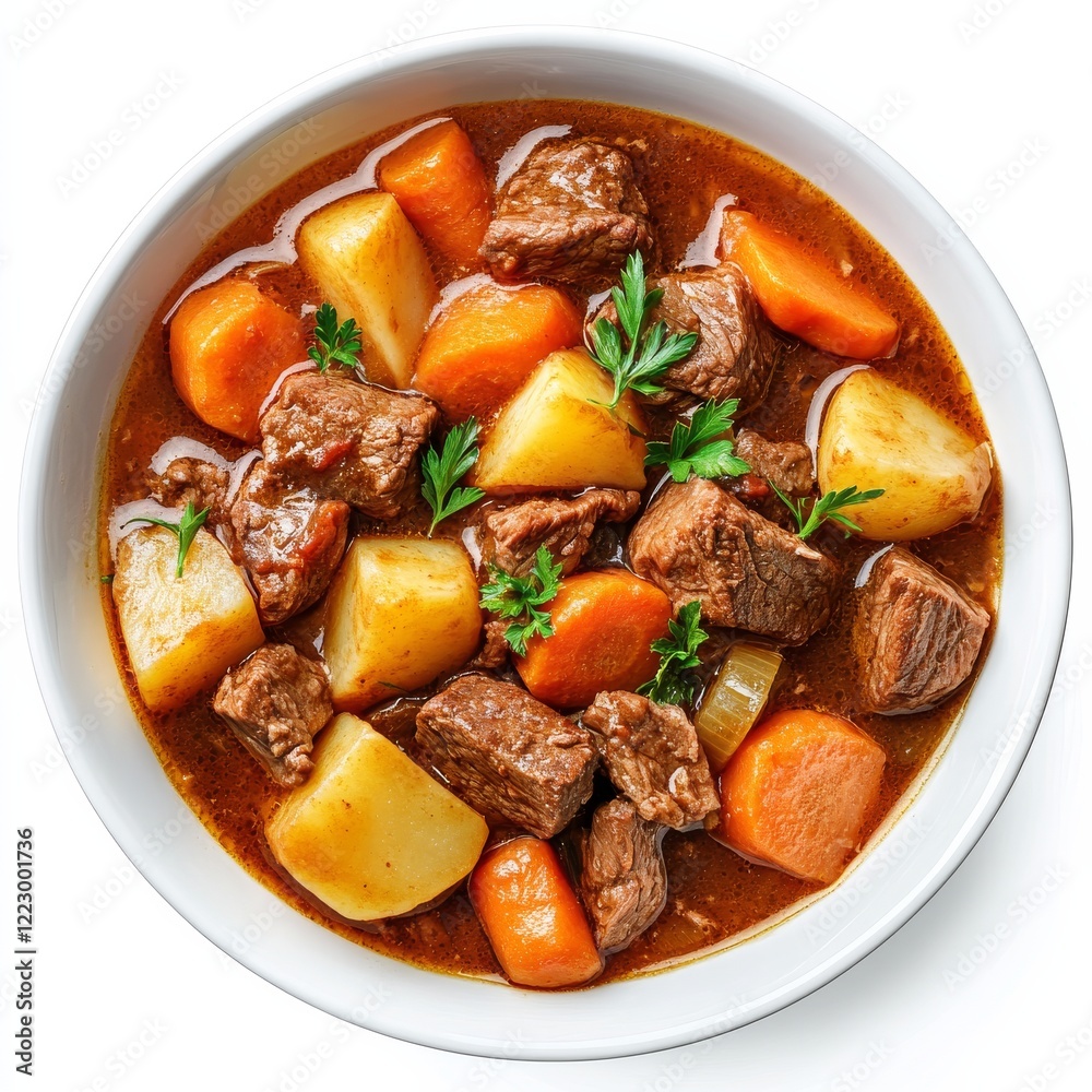 A bowl of hearty beef and vegetable stew with potatoes and carrots, isolated white background, minimalist art style A bowl of hearty beef and vegetable stew with potatoes and carrots, isolated white background, minimalist art style