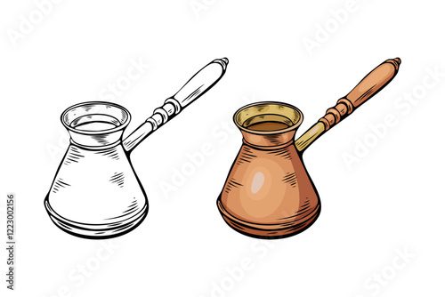 Engraving, coffee turk, vector illustration in color and line sketch