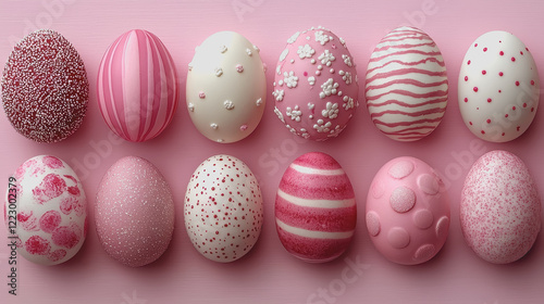 Variety of decorated easter eggs on pink background for spring celebration and holiday decoration ideas photo