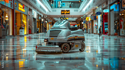Large industrial scrubber dryer machine on glossy floor of shopping mall with various shops and bright storefronts, deserted. Without worker. Modern equipment for cleaning premises. Copy space.