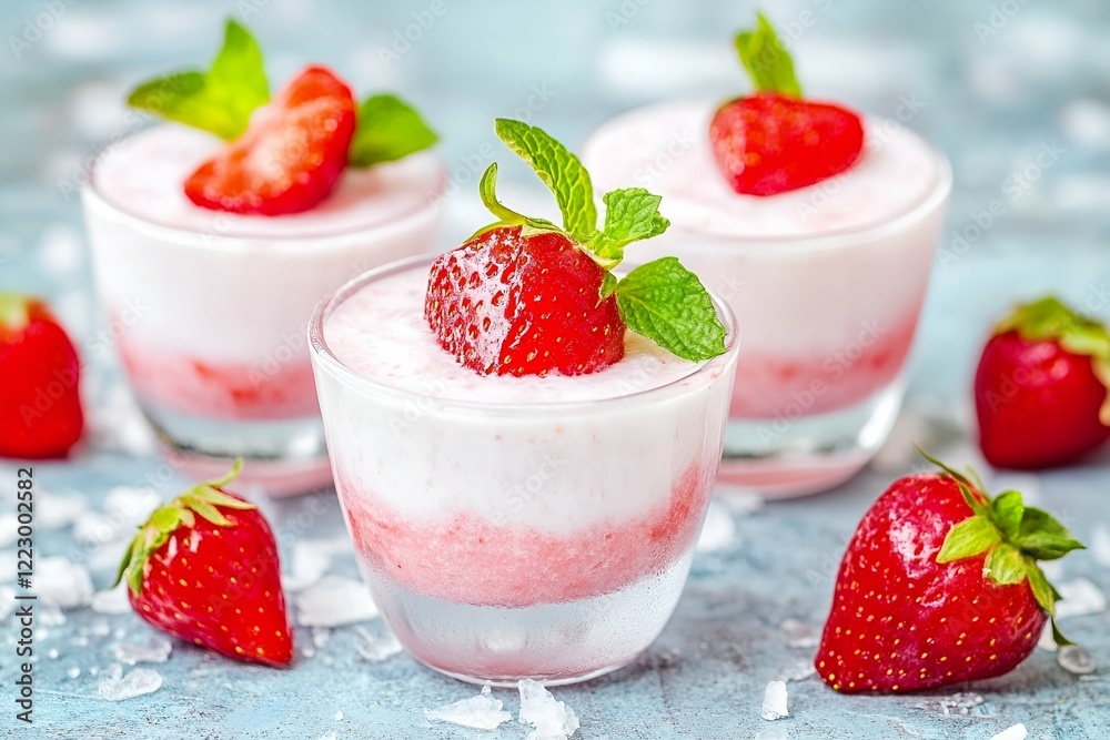 Strawberry mousse served in glass cups, topped with fresh strawberries and mint leaves, surrounded by scattered strawberries and ice on a textured blue surface Strawberry mousse served in glass cups, topped with fresh strawberries and mint leaves, surrounded by scattered strawberries and ice on a textured blue surface