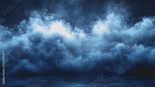 Dark blue background with white smoke wisps and faint smoke patterns creating an atmospheric visual effect