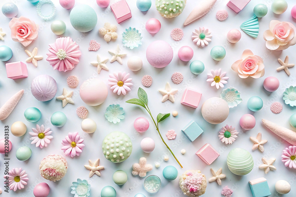 Pastel-colored spheres, flowers, and shapes arranged on a white background. Pastel-colored spheres, flowers, and shapes arranged on a white background.