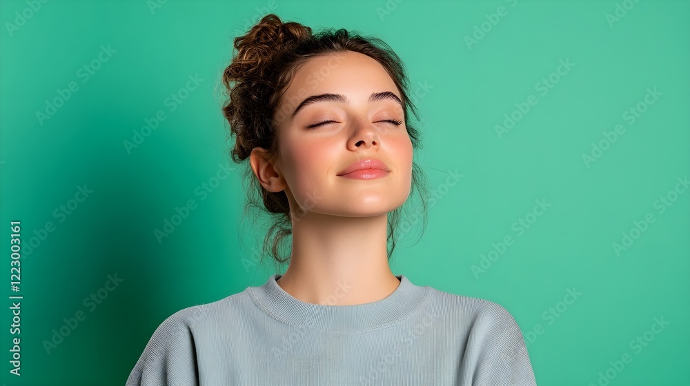 Obraz premium Young Woman Enjoying Peaceful Moment Against Solid Green Background