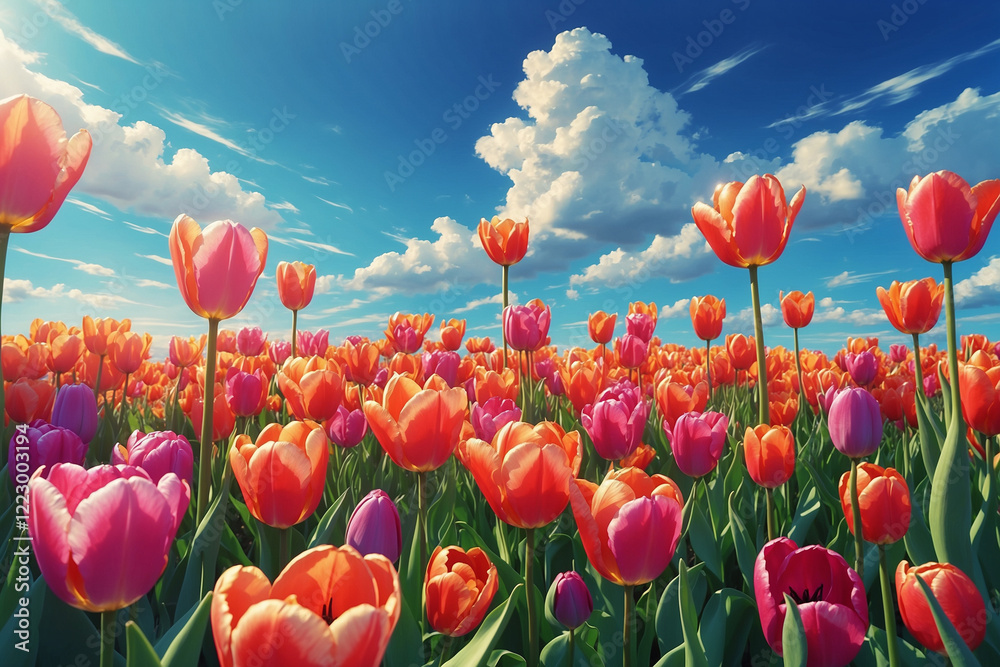 Fototapeta premium Blooming tulips in vivid hues, curving path, swaying flowers, clear sky, soft clouds, harmonious anime scene