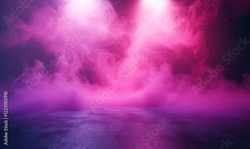 Ethereal pink and purple fog illuminated by soft spotlights, creating a mysterious and dreamy atmosphere on a dark floor.