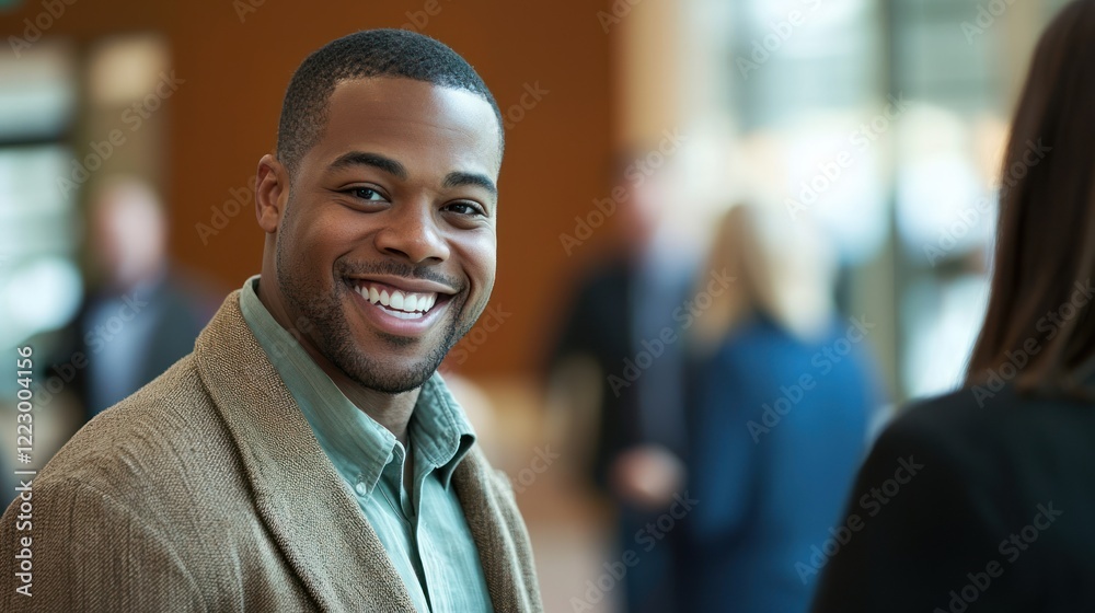 A smiling person introducing themselves with a handshake at a friendly corporate gathering A smiling person introducing themselves with a handshake at a friendly corporate gathering