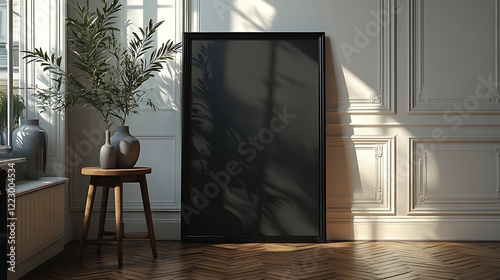 A large black picture frame leans against the wall