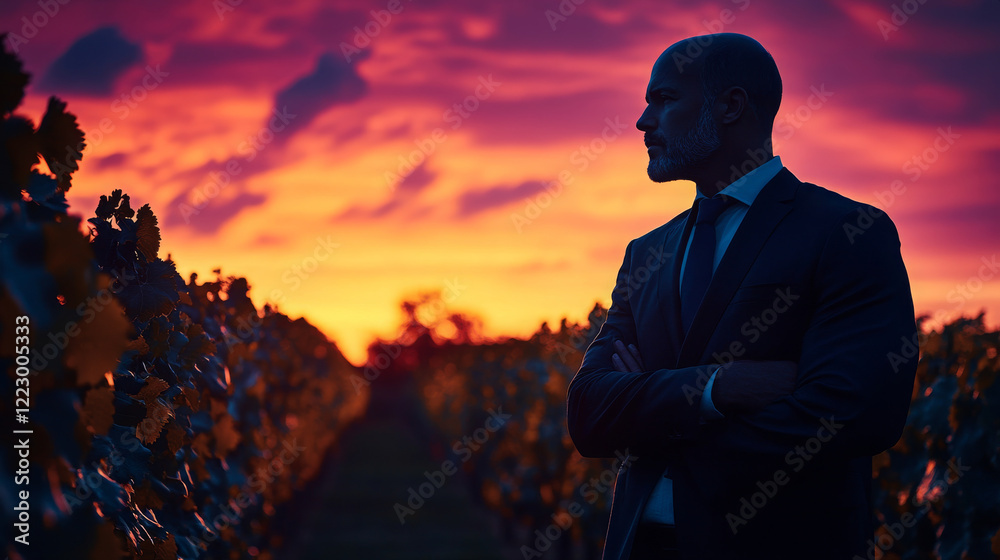 Fototapeta premium businessman in vineyard at sunset, deep in thought