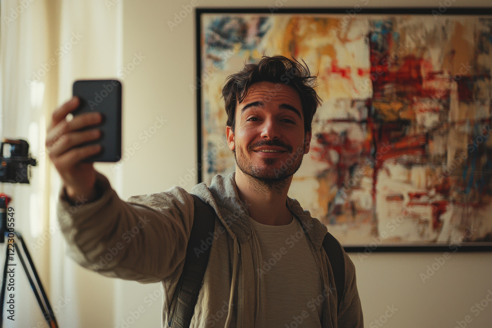 Man Takes Selfie in Minimalist Room with Abstract Artwork and Neutral Background in High Quality Man Takes Selfie in Minimalist Room with Abstract Artwork and Neutral Background in High Quality