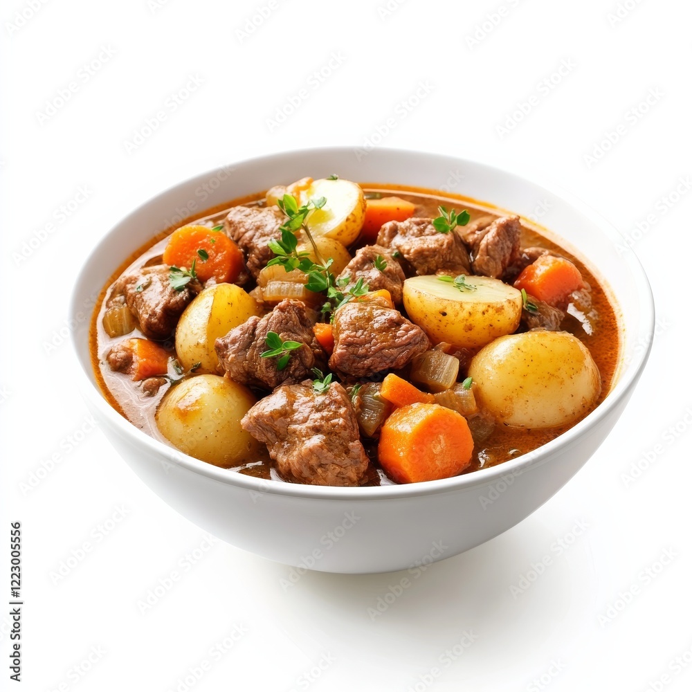 A bowl of hearty beef and vegetable stew with potatoes and carrots, isolated white background, minimalist art style A bowl of hearty beef and vegetable stew with potatoes and carrots, isolated white background, minimalist art style