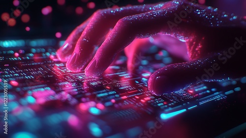 A hand of a programmer using a computer with digital