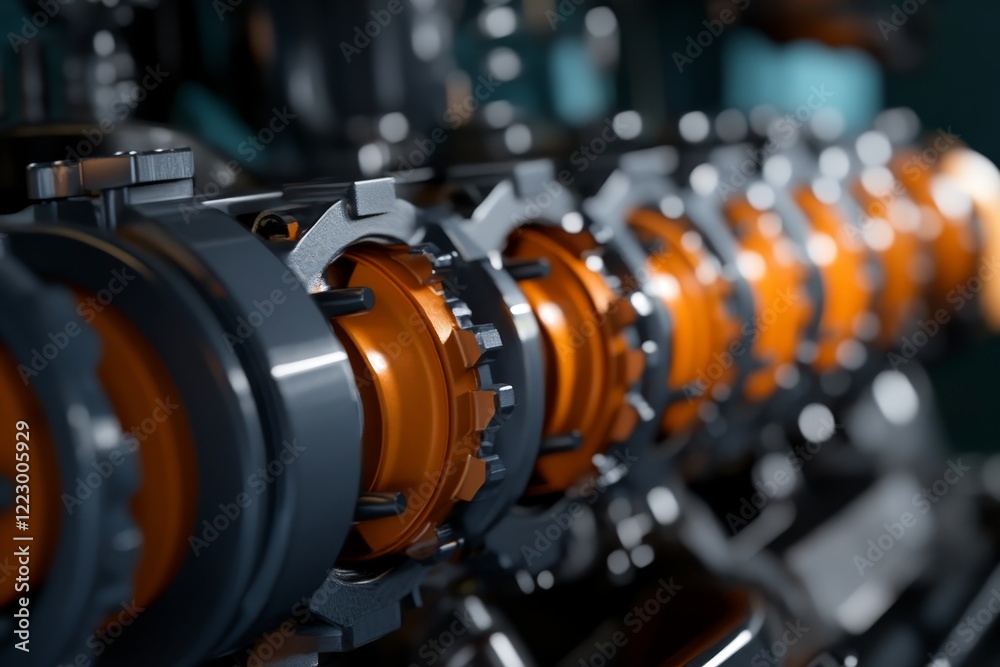 Fototapeta premium Close-up view of a modern engine component showcasing intricate details and vibrant colors in a workshop setting