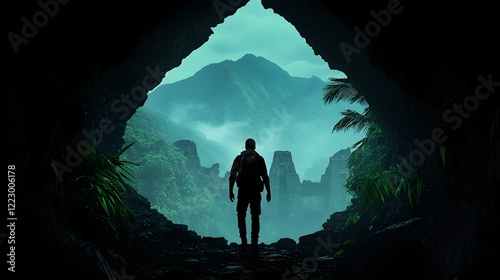 An adventurer silhouetted against the backdrop of a lush tropical jungle exploring the ancient ruins that lay hidden deep within  The scene evokes a sense of mystery history