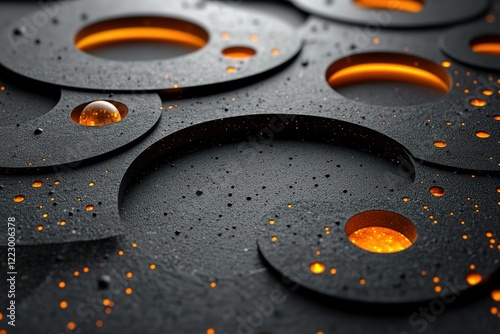 Abstract dark grey textured surface with glowing orange circles and spheres A mesmerizing interplay of light and shadow photo