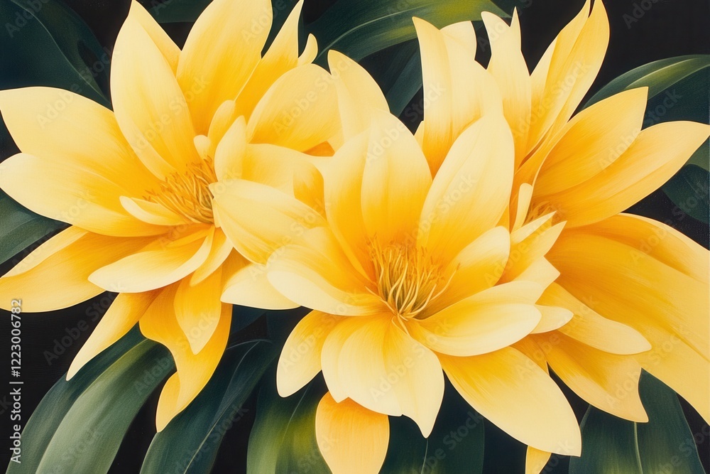 Fototapeta premium Yellow dahlias with lush green leaves: botanical beauty captured in vivid color
