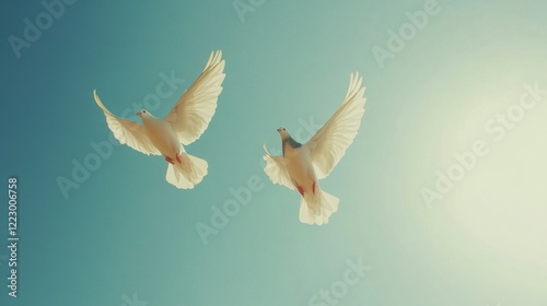 Wallpaper Mural An enchanting shot of two doves in flight against a bright blue sky, their wings spread wide, symbolizing freedom and unity in nature Torontodigital.ca