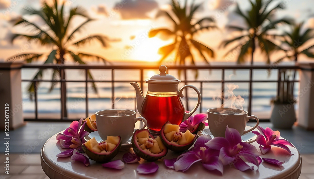 Elegant tea arrangement with orchids on a balcony overlooking the serene sea at sunset. Elegant tea arrangement with orchids on a balcony overlooking the serene sea at sunset.