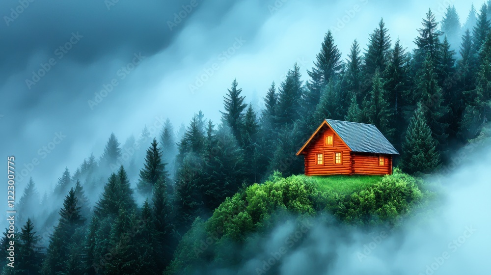 Vibrant Red Cabin Surrounded by Misty Green Forest Landscape Vibrant Red Cabin Surrounded by Misty Green Forest Landscape