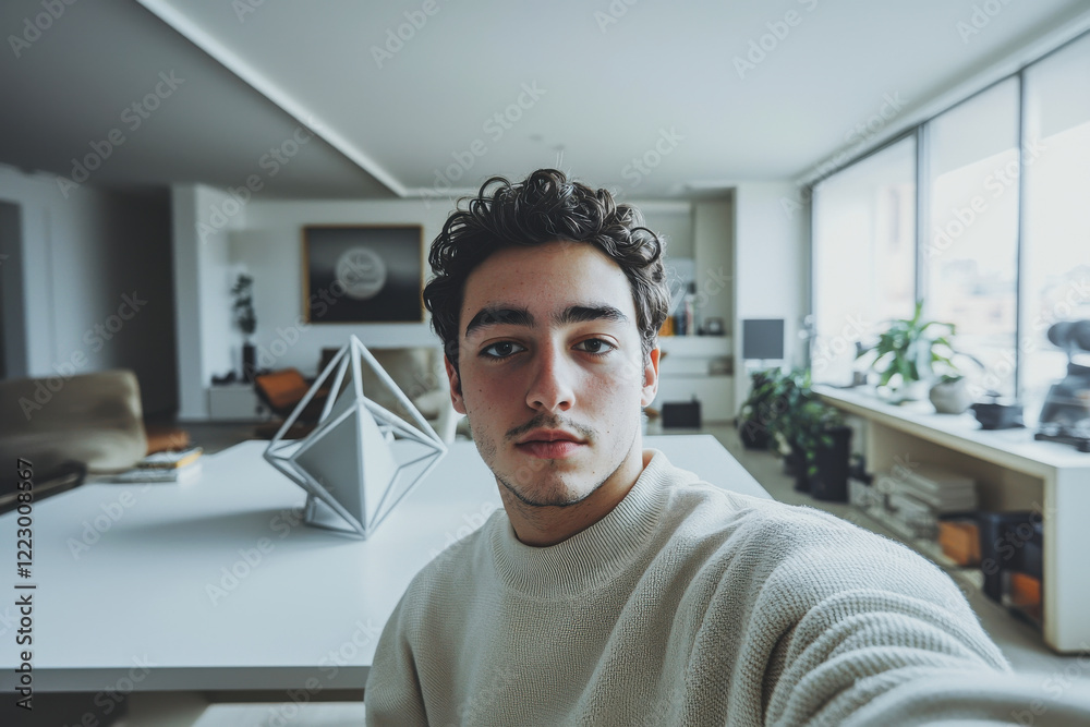 Man poses for aesthetic selfie in minimalist office showcasing geometric sculpture and clean desk Man poses for aesthetic selfie in minimalist office showcasing geometric sculpture and clean desk