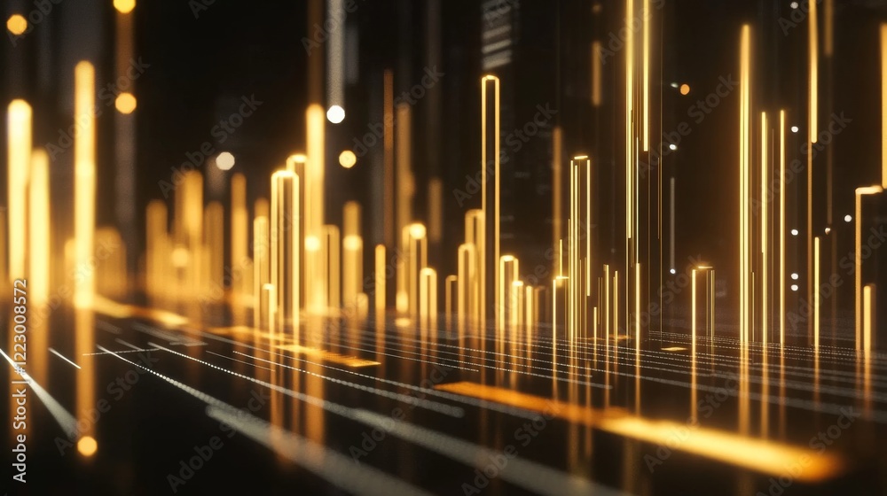 A D bar chart with gold bars of different heights on a reflective black surface, symbolizing rising gold prices, with bright lighting effects A D bar chart with gold bars of different heights on a reflective black surface, symbolizing rising gold prices, with bright lighting effects