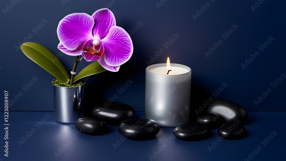 tranquil spa composition with elegant purple orchid and glowing candle for branding tranquil spa composition with elegant purple orchid and glowing candle for branding