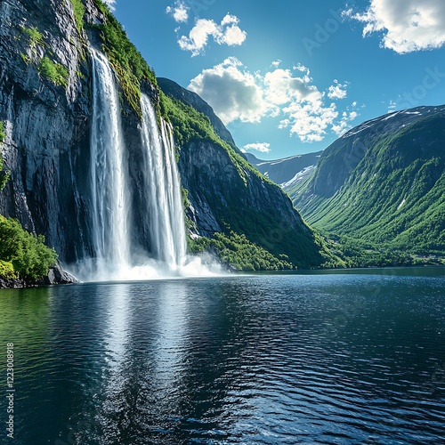 A powerful waterfall dramatically cascading down into a lush green valley, complemented by rocky terrains and enshrouded by a backdrop of towering mountain peaks, wonderful and beautiful waterfall,
