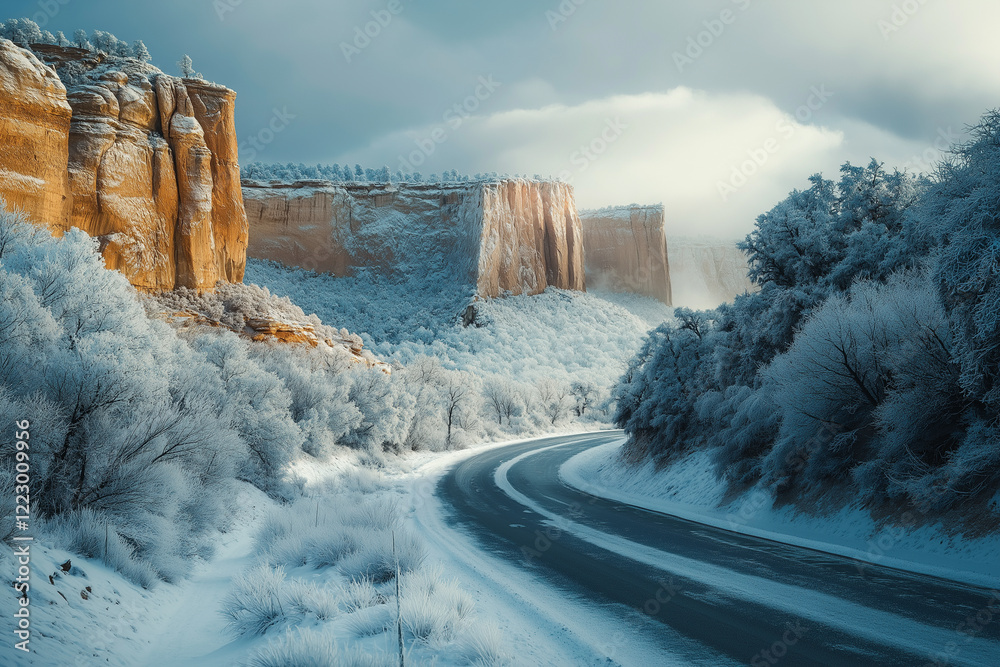 Obraz premium Scenic winter mountain landscape featuring a winding road leading towards towering snow-covered peaks. Perfect for themes of travel, adventure, and winter destinations