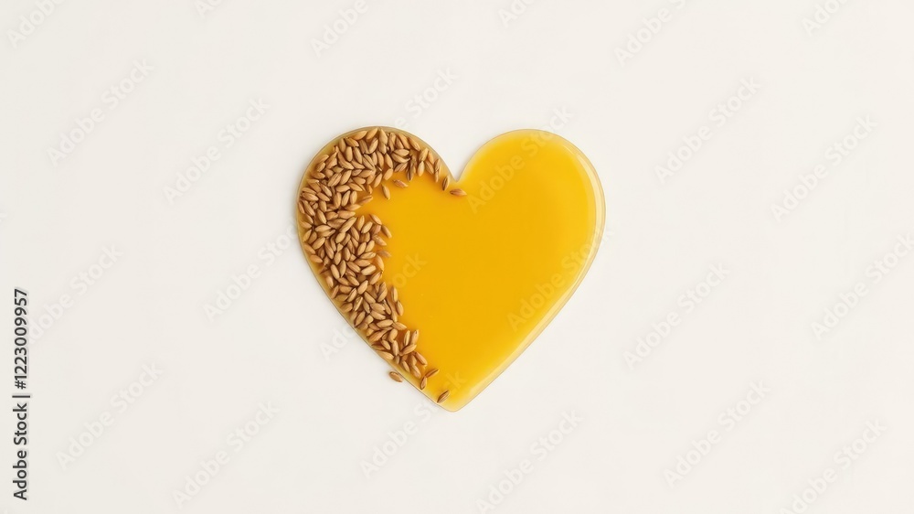 Minimalist heart shape made of flaxseed oil and seeds on a light-colored surface, flaxseed oil, simple design, heart shape Minimalist heart shape made of flaxseed oil and seeds on a light-colored surface, flaxseed oil, simple design, heart shape