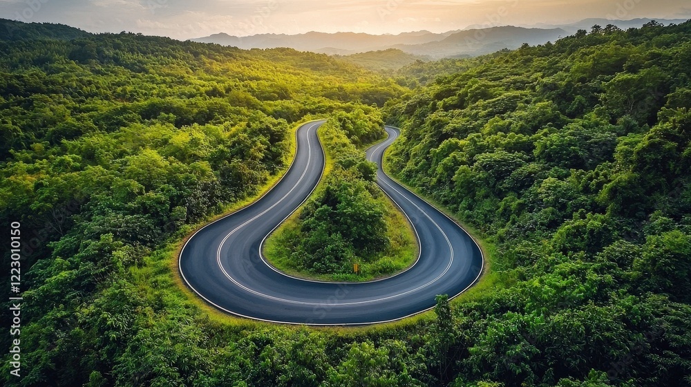 Serpentine Road Through Lush Green Forest in Mountainous Landscape Serpentine Road Through Lush Green Forest in Mountainous Landscape
