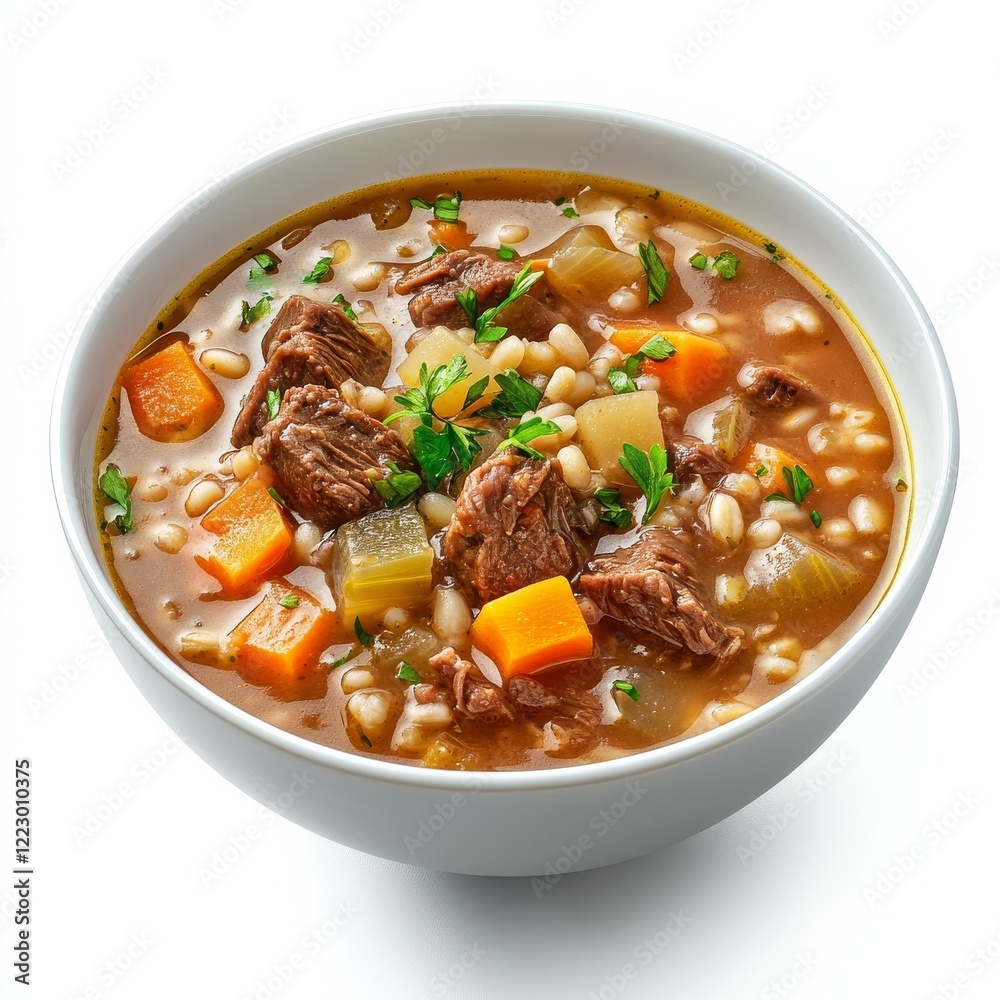 A bowl of hearty beef barley soup with root vegetables, isolated white background, minimalist art style A bowl of hearty beef barley soup with root vegetables, isolated white background, minimalist art style