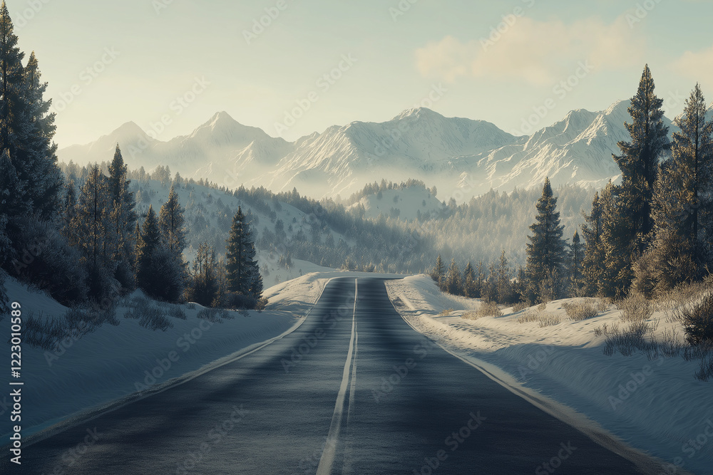 Scenic winter mountain landscape featuring a winding road leading towards towering snow-covered peaks. Perfect for themes of travel, adventure, and winter destinations Scenic winter mountain landscape featuring a winding road leading towards towering snow-covered peaks. Perfect for themes of travel, adventure, and winter destinations