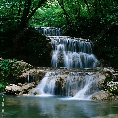 Waterfall, A stunning waterfall cascades gracefully over moss-covered stones surrounded by vibrant greenery, creating a peaceful and picturesque natural environment, A waterfall cascading in a lush 
