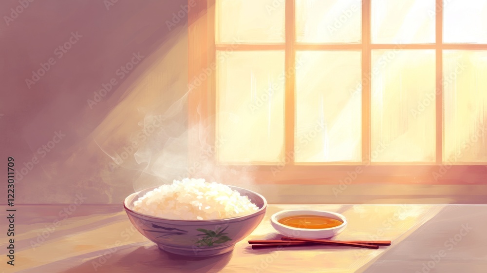 A charming scene of a steaming bowl of rice placed on a table beside chopsticks and a small dish of dipping sauce, inviting a delicious dining experience A charming scene of a steaming bowl of rice placed on a table beside chopsticks and a small dish of dipping sauce, inviting a delicious dining experience