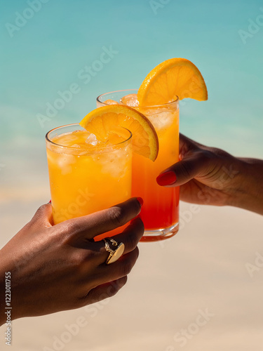 A vibrant summer scene featuring two hands clinking glasses of colorful cocktails garnished with orange slices, set against a sunny beach backdrop. This image captures the essence of tropical relaxati photo