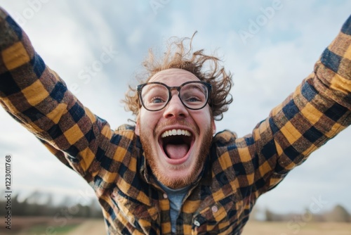 Excited man enjoying a windy day outdoors with arms raised and a big smile in a natural landscape photo